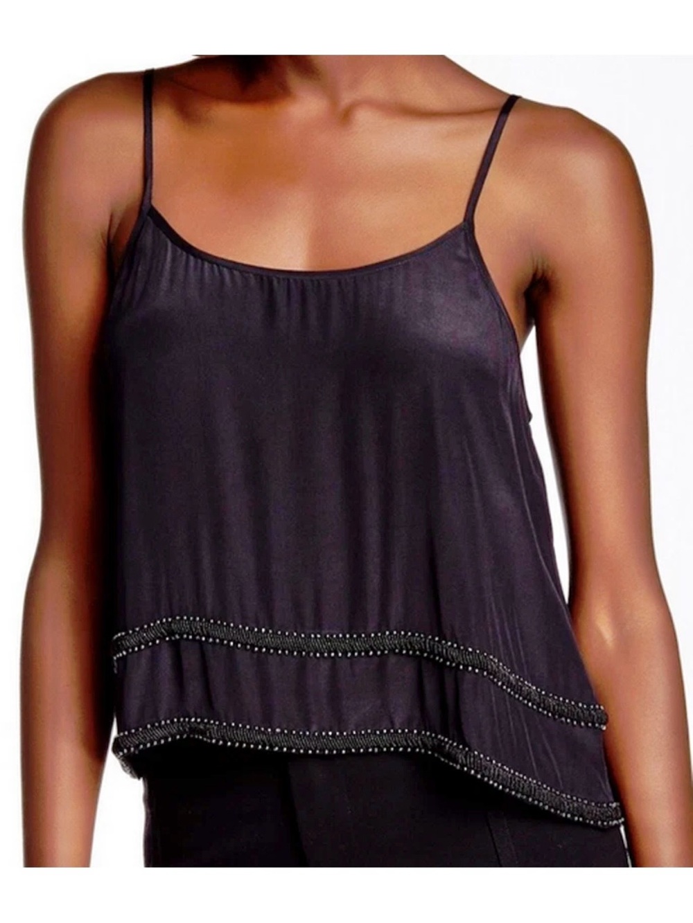 MLV Charlize Spaghetti Strap Silk Cami with Beaded Hem, Black, Sz XS NWT